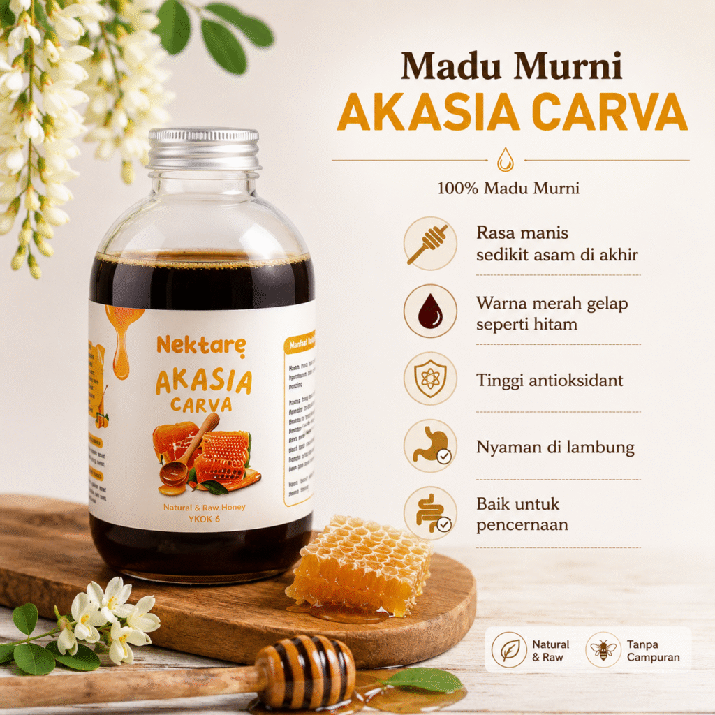 Madu Hitam Akasia Carva murni dengan warna gelap alami dan karakter rasa khas sebagai pilihan konsumsi harian.
