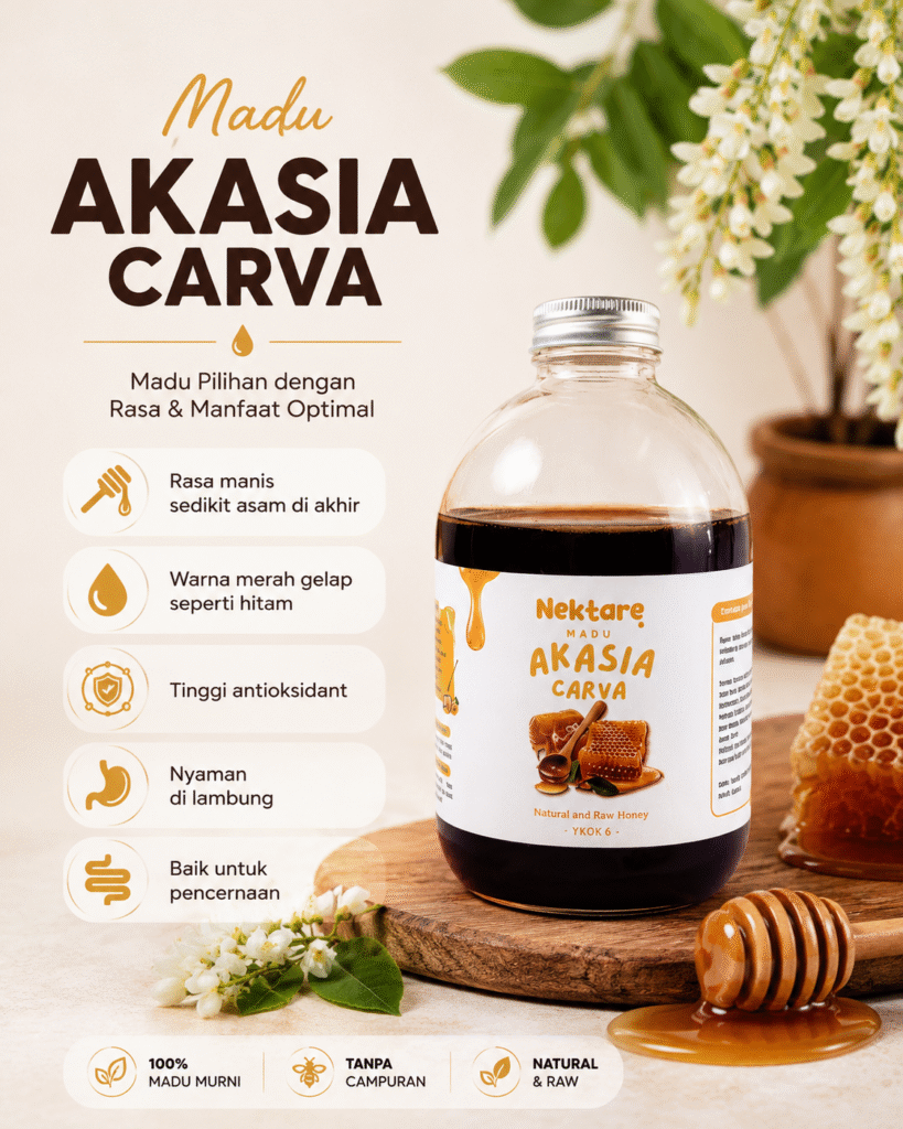 Botol Madu Akasia Carva NEKTARE Honey dengan warna merah gelap alami untuk konsumsi harian | Madujogja.com