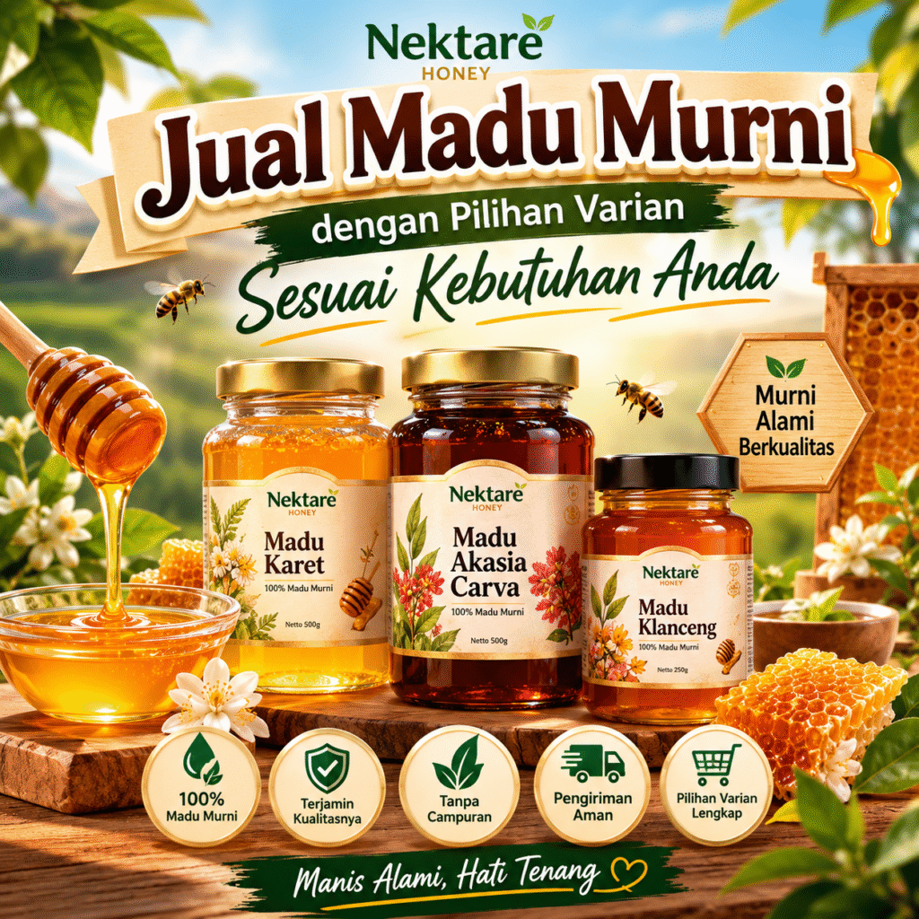 Jual madu murni dengan pilihan Madu Klanceng, Madu Karet, dan Madu Akasia Carva.