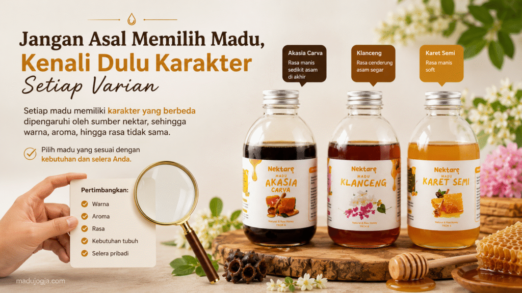 Ilustrasi tiga varian madu murni NEKTARE Honey untuk membantu memilih madu sesuai karakter, rasa, dan kebutuhan konsumsi.