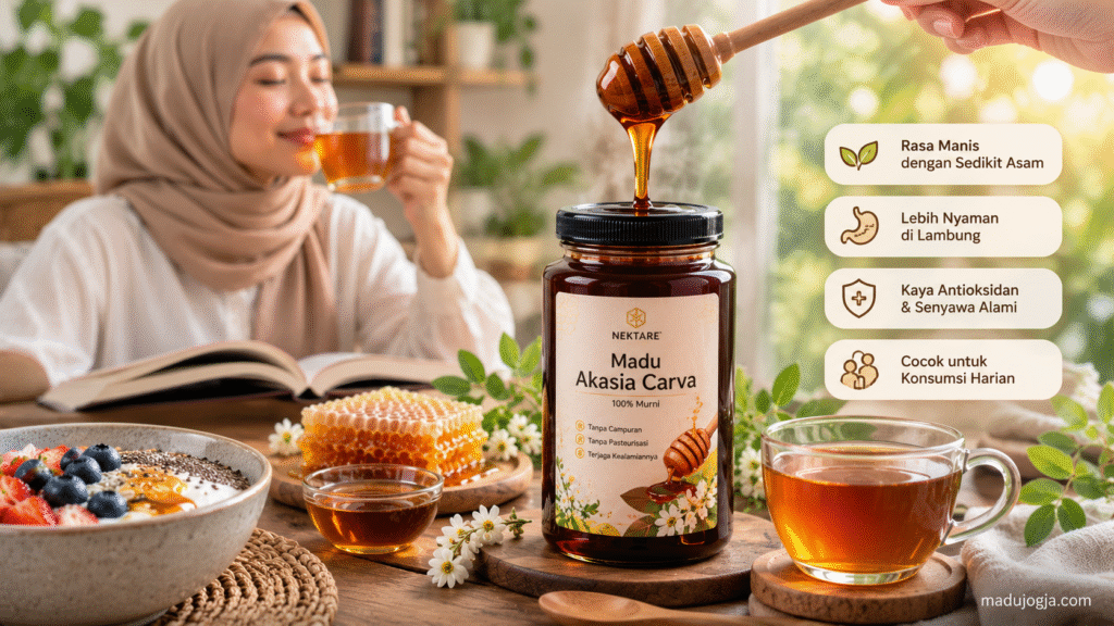 Madu Akasia Carva murni dengan warna gelap kemerahan dan rasa manis-asam.