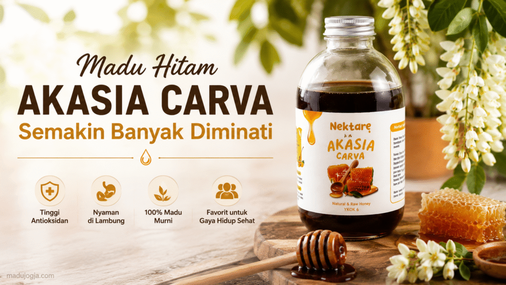 Madu Hitam Akasia Carva murni dengan warna gelap alami dan karakter rasa khas sebagai pilihan konsumsi harian.