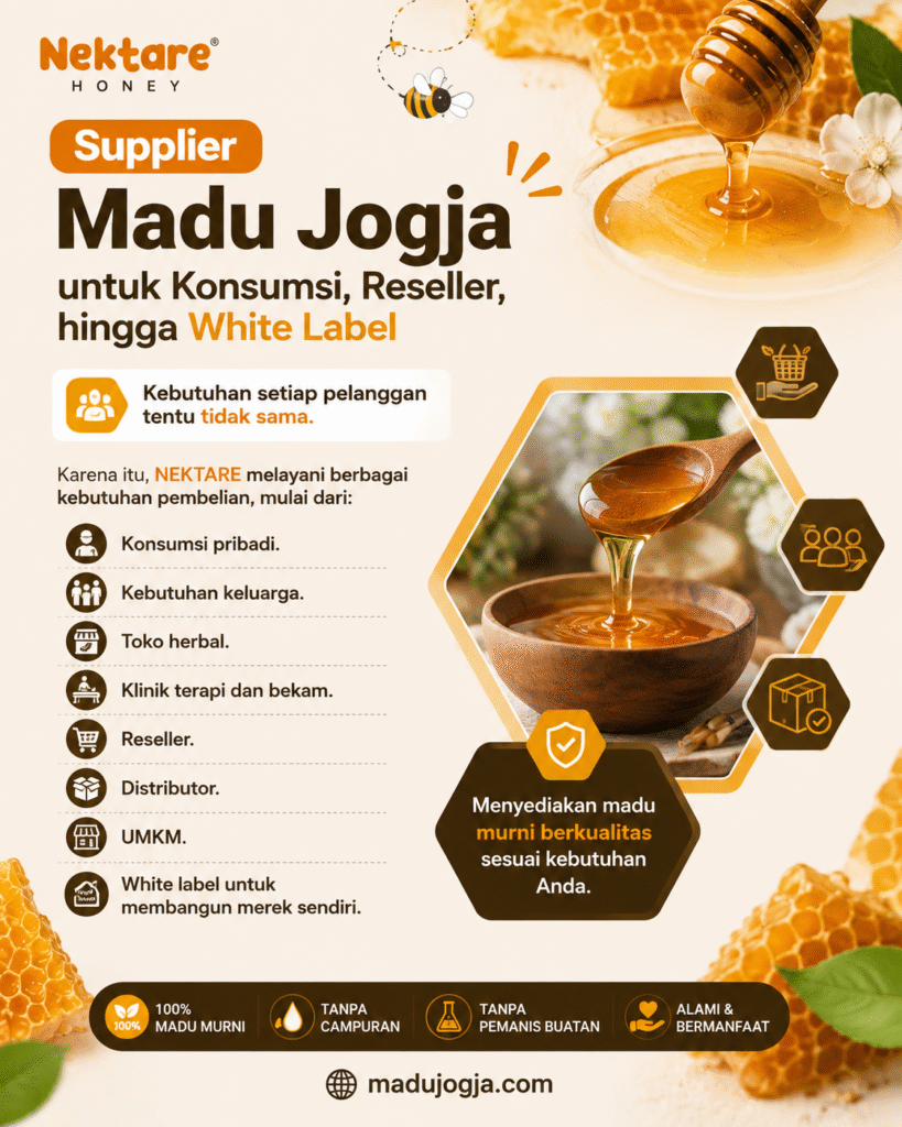 Supplier madu Jogja NEKTARE Honey melayani kebutuhan konsumsi pribadi, reseller, distributor, UMKM, toko herbal, klinik terapi, dan white label melalui madujogja.com.